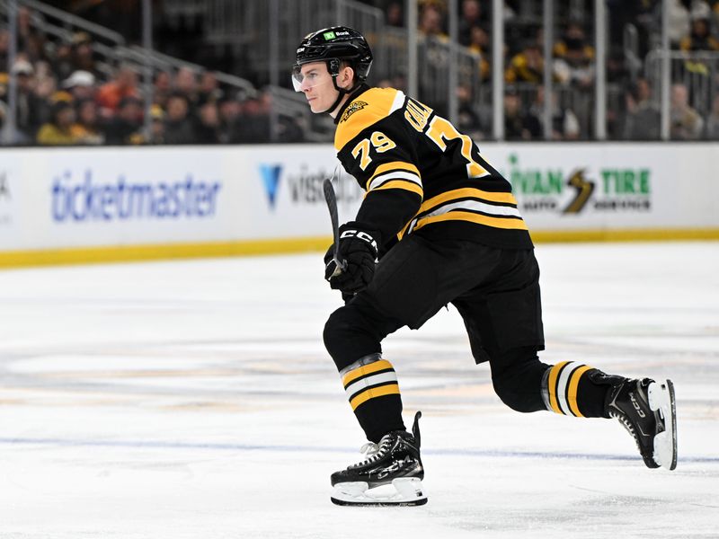 Jan 14, 2025; Boston, Massachusetts, USA; Boston Bruins defenseman Michael Callahan (79) skates against the Tampa Bay Lightning during the first period at the TD Garden. Mandatory Credit: Brian Fluharty-Imagn Images