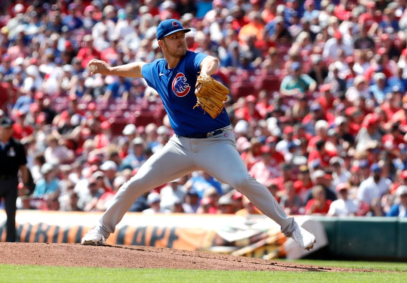 Sep 3, 2023; Cincinnati, Ohio, USA; Chicago Cubs starting pitcher Jameson Taillon (50) throws against the Cincinnati Reds during the first inning at Great American Ball Park. Mandatory Credit: David Kohl-USA TODAY Sports