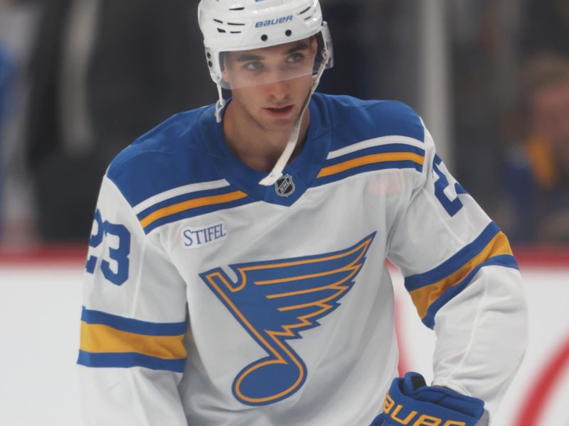 Oct 27, 2025; Pittsburgh, Pennsylvania, USA;  St. Louis Blues defenseman Logan Mailloux (23) warms up against the Pittsburgh Penguins at PPG Paints Arena. Mandatory Credit: Charles LeClaire-Imagn Images