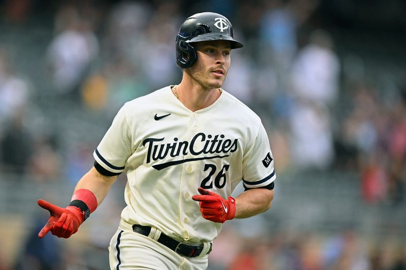 Aug 6, 2023; Minneapolis, Minnesota, USA;  Minnesota Twins outfielder Max Kepler (26) rounds the bases after hitting a solo home run against the Arizona Diamondbacks during the ninth inning at Target Field. Mandatory Credit: Nick Wosika-USA TODAY Sports
