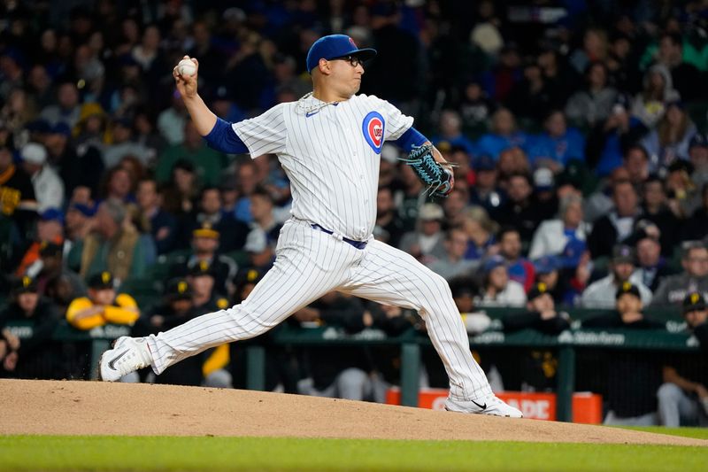 Sep 19, 2023; Chicago, Illinois, USA; Chicago Cubs starting pitcher Javier Assad (72) throws the ball against the Pittsburgh Pirates during the first inning at Wrigley Field. Mandatory Credit: David Banks-USA TODAY Sports