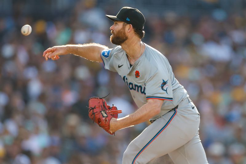 May 27, 2024; San Diego, California, USA;  Miami Marlins relief pitcher Anthony Bender (37) throws a pitch during the seventh inning San Diego Padres at Petco Park. Mandatory Credit: David Frerker-USA TODAY Sports