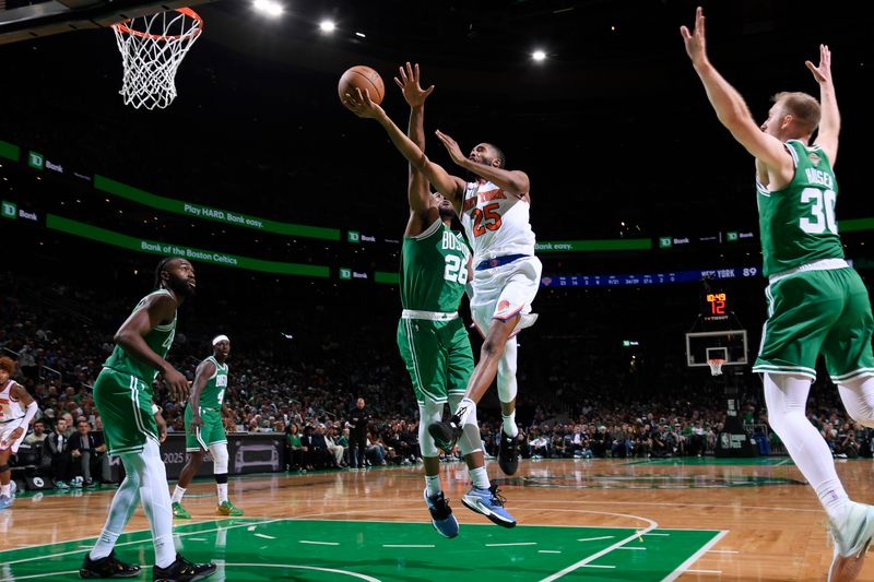 BOSTON, MA - OCTOBER 22: Mikal Bridges #25 of the New York Knicks drives to the basket during the game against the Boston Celtics on October 22, 2024 at TD Garden in Boston, Massachusetts. NOTE TO USER: User expressly acknowledges and agrees that, by downloading and/or using this Photograph, user is consenting to the terms and conditions of the Getty Images License Agreement. Mandatory Copyright Notice: Copyright 2024 NBAE (Photo by Brian Babineau/NBAE via Getty Images)