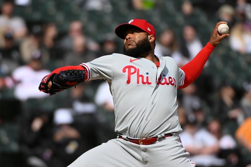 Apr 19, 2023; Chicago, Illinois, USA;  Philadelphia Phillies relief pitcher Jose Alvarado (46) delivers against the Chicago White Sox during the ninth inning at Guaranteed Rate Field. Mandatory Credit: Matt Marton-USA TODAY Sports