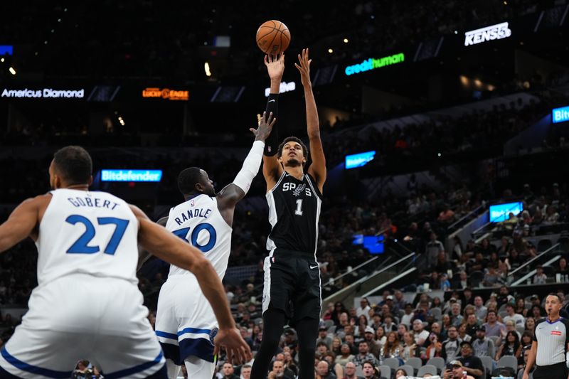 SAN ANTONIO, TX - NOVEMBER 2: Victor Wembanyama #1 of the San Antonio Spurs shoots the ball during the game against the Minnesota Timberwolves on November 2, 2024 at the Frost Bank Center in San Antonio, Texas. NOTE TO USER: User expressly acknowledges and agrees that, by downloading and or using this photograph, user is consenting to the terms and conditions of the Getty Images License Agreement. Mandatory Copyright Notice: Copyright 2024 NBAE (Photos by Cooper Neill/NBAE via Getty Images)