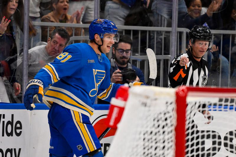 Oct 19, 2024; St. Louis, Missouri, USA;  St. Louis Blues center Dylan Holloway (81) reacts after scoring against the Carolina Hurricanes during the second period at Enterprise Center. Mandatory Credit: Jeff Curry-Imagn Images