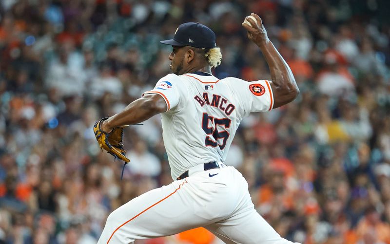 Jun 22, 2024; Houston, Texas, USA; Houston Astros starting pitcher Ronel Blanco (56) delivers a pitch during the first inning against the Baltimore Orioles at Minute Maid Park. Mandatory Credit: Troy Taormina-USA TODAY Sports