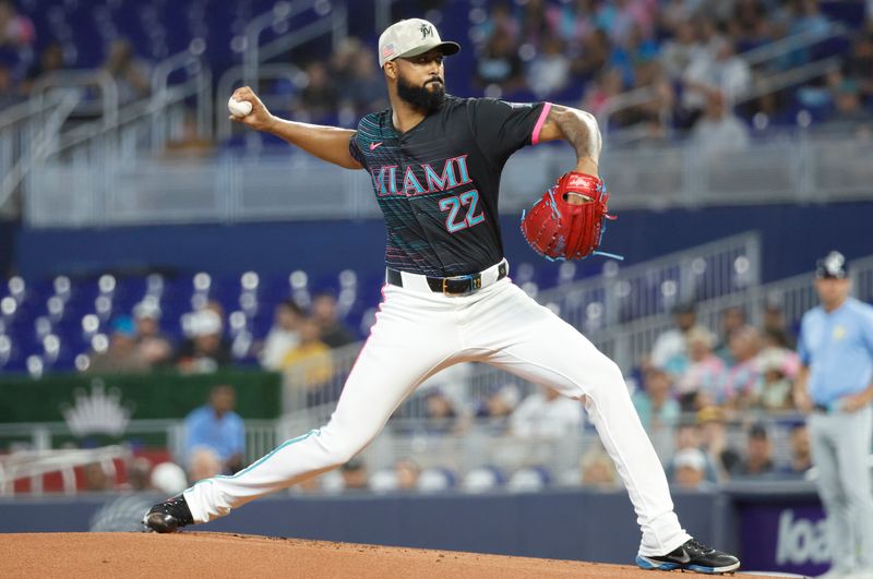 May 17, 2025; Miami, Florida, USA;  Miami Marlins starting pitcher Sandy Alcantara (22) pitches against the Tampa Bay Rays during the first inning at loanDepot Park. Mandatory Credit: Rhona Wise-Imagn Images