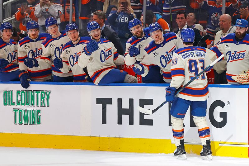 Jan 31, 2026; Edmonton, Alberta, CAN; The Edmonton Oilers celebrate a goal scored by forward Ryan Nugent-Hopkins (93) during the first period against the Minnesota Wild at Rogers Place. Mandatory Credit: Perry Nelson-Imagn Images