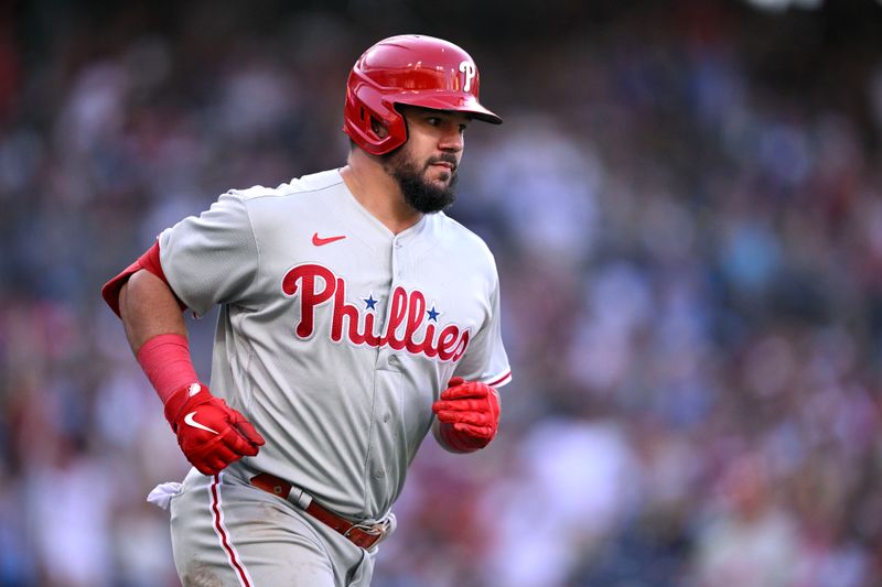 Sep 4, 2023; San Diego, California, USA; Philadelphia Phillies left fielder Kyle Schwarber (12) rounds the bases after hitting a home run against the San Diego Padres during the fifth inning at Petco Park. Mandatory Credit: Orlando Ramirez-USA TODAY Sports