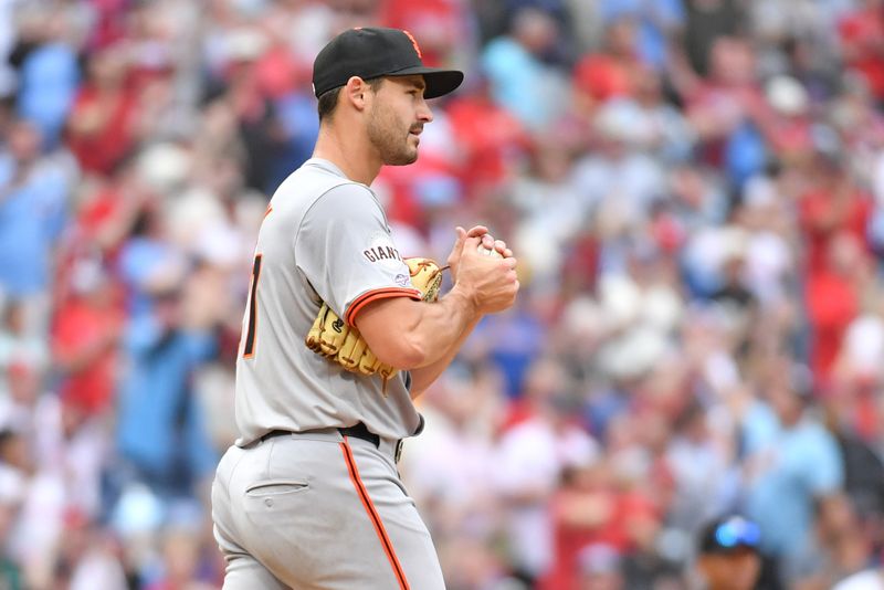 May 6, 2024; Philadelphia, Pennsylvania, USA; San Francisco Giants starting pitcher Mason Black (47) gets a new baseball after allowing a three run home run against the Philadelphia Phillies during the fifth inning at Citizens Bank Park. Mandatory Credit: Eric Hartline-USA TODAY Sports