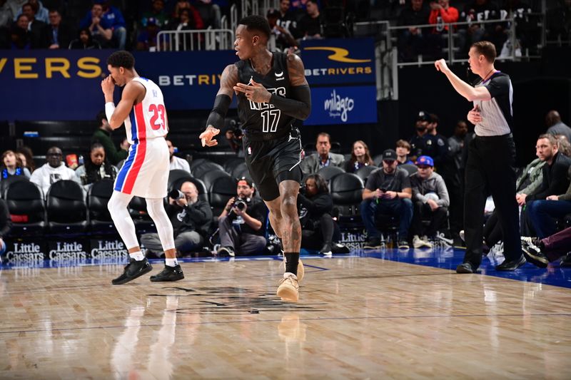 DETROIT, MI - MARCH 7: Dennis Schroder #17 of the Brooklyn Nets celebrates a three point basket during the game against the Detroit Pistons on March 7, 2024 at Little Caesars Arena in Detroit, Michigan. NOTE TO USER: User expressly acknowledges and agrees that, by downloading and/or using this photograph, User is consenting to the terms and conditions of the Getty Images License Agreement. Mandatory Copyright Notice: Copyright 2024 NBAE (Photo by Chris Schwegler/NBAE via Getty Images)