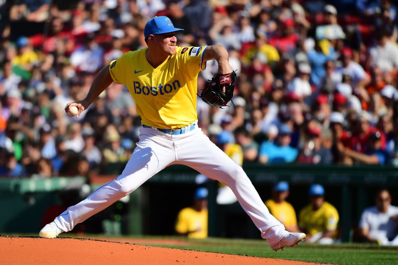 Aug 10, 2024; Boston, Massachusetts, USA;  Boston Red Sox stating pitcher Josh Winckowski (25) pitches during the third inning against the Houston Astros at Fenway Park. Mandatory Credit: Bob DeChiara-USA TODAY Sports