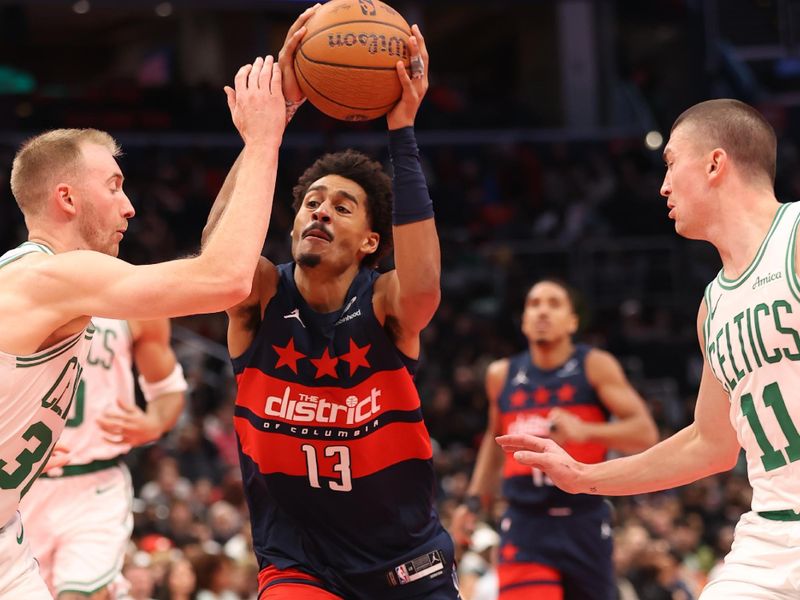 WASHINGTON, DC -? NOVEMBER 22:  Jordan Poole #13 of the Washington Wizards handles the ball during the game against the Boston Celtics during the NBA Emirates Cup game on November 22, 2024 at Capital One Arena in Washington, DC. NOTE TO USER: User expressly acknowledges and agrees that, by downloading and or using this Photograph, user is consenting to the terms and conditions of the Getty Images License Agreement. Mandatory Copyright Notice: Copyright 2024 NBAE (Photo by Kenny Giarla/NBAE via Getty Images)