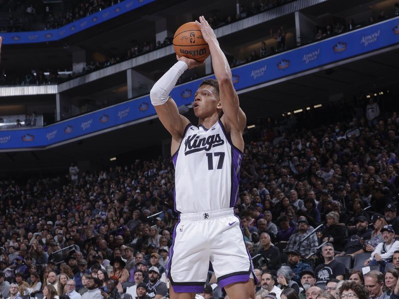 SACRAMENTO, CA - MARCH 29:  Kessler Edwards #17 of the Sacramento Kings shoots a 3-point basket during the game  on March 29, 2024 at Golden 1 Center in Sacramento, California. NOTE TO USER: User expressly acknowledges and agrees that, by downloading and or using this Photograph, user is consenting to the terms and conditions of the Getty Images License Agreement. Mandatory Copyright Notice: Copyright 2024 NBAE (Photo by Rocky Widner/NBAE via Getty Images)