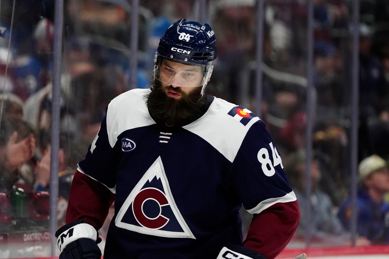 Dec 19, 2025; Denver, Colorado, USA; Colorado Avalanche defenseman Brent Burns (84) during the first period against the Winnipeg Jets at Ball Arena. Mandatory Credit: Ron Chenoy-Imagn Images