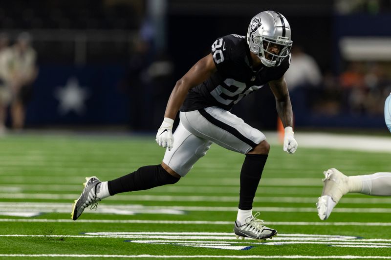 Las Vegas Raiders safety Isaiah Pola-Mao (20) is seen during the first half of an NFL football game against the Dallas Cowboys, Saturday, Aug. 26, 2023, in Arlington, Texas. Dallas won 31-16. (AP Photo/Brandon Wade)