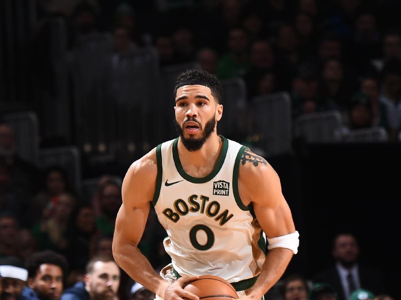 BOSTON, MA - JANUARY 19:  Jayson Tatum #0 of the Boston Celtics handles the ball during the game against the Denver Nuggets on January 19, 2024 at the TD Garden in Boston, Massachusetts. NOTE TO USER: User expressly acknowledges and agrees that, by downloading and or using this photograph, User is consenting to the terms and conditions of the Getty Images License Agreement. Mandatory Copyright Notice: Copyright 2024 NBAE  (Photo by Brian Babineau/NBAE via Getty Images)