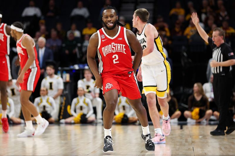 Mar 14, 2024; Minneapolis, MN, USA; Ohio State Buckeyes guard Bruce Thornton (2) celebrates his three-point basket against the Iowa Hawkeyes during the first half at Target Center. Mandatory Credit: Matt Krohn-USA TODAY Sports