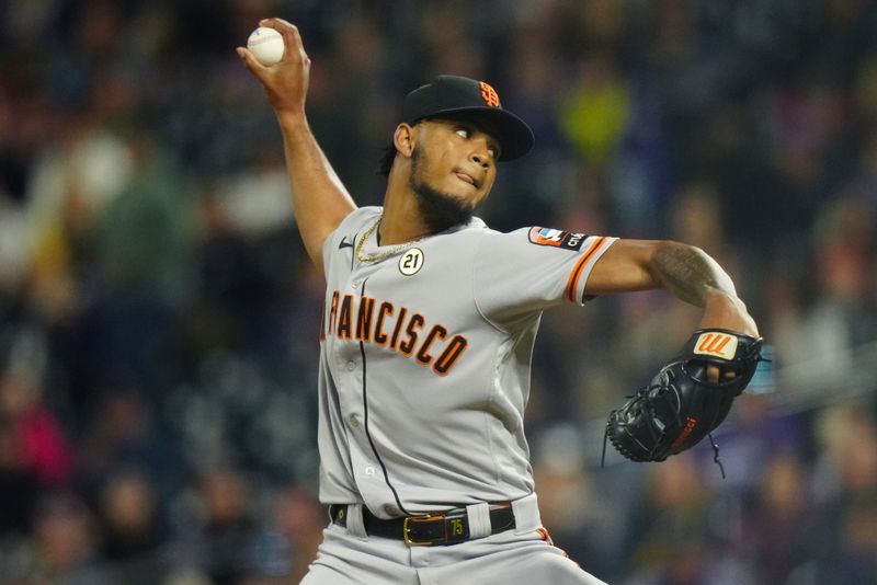 Sep 15, 2023; Denver, Colorado, USA; San Francisco Giants relief pitcher Camilo Doval (75) delivers a pitch in the ninth inning against the Colorado Rockies at Coors Field. Mandatory Credit: Ron Chenoy-USA TODAY Sports