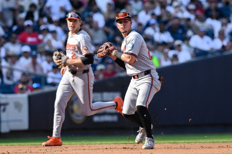 Jun 20, 2024; Bronx, New York, USA; Baltimore Orioles third baseman Ramon Urías (29) fields a ground ball and throws to first base for an out during the fourth inning against the New York Yankees at Yankee Stadium. Mandatory Credit: John Jones-USA TODAY Sports