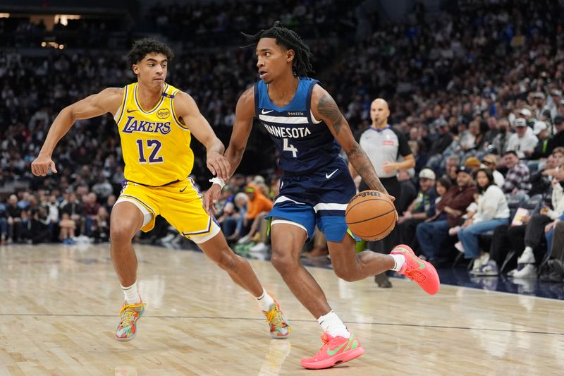 MINNEAPOLIS, MN -  DECEMBER 13: Rob Dillingham #4 of the Minnesota Timberwolves dribbles the ball during the game against the Los Angeles Lakers on December 13, 2024 at Target Center in Minneapolis, Minnesota. NOTE TO USER: User expressly acknowledges and agrees that, by downloading and or using this Photograph, user is consenting to the terms and conditions of the Getty Images License Agreement. Mandatory Copyright Notice: Copyright 2024 NBAE (Photo by Jordan Johnson/NBAE via Getty Images)