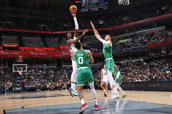 MEMPHIS, TN - NOVEMBER 19: Jaren Jackson Jr. #13 of the Memphis Grizzlies drives to the basket during the game against the Boston Celtics on November 19, 2023 at FedExForum in Memphis, Tennessee. NOTE TO USER: User expressly acknowledges and agrees that, by downloading and or using this photograph, User is consenting to the terms and conditions of the Getty Images License Agreement. Mandatory Copyright Notice: Copyright 2023 NBAE (Photo by Joe Murphy/NBAE via Getty Images)