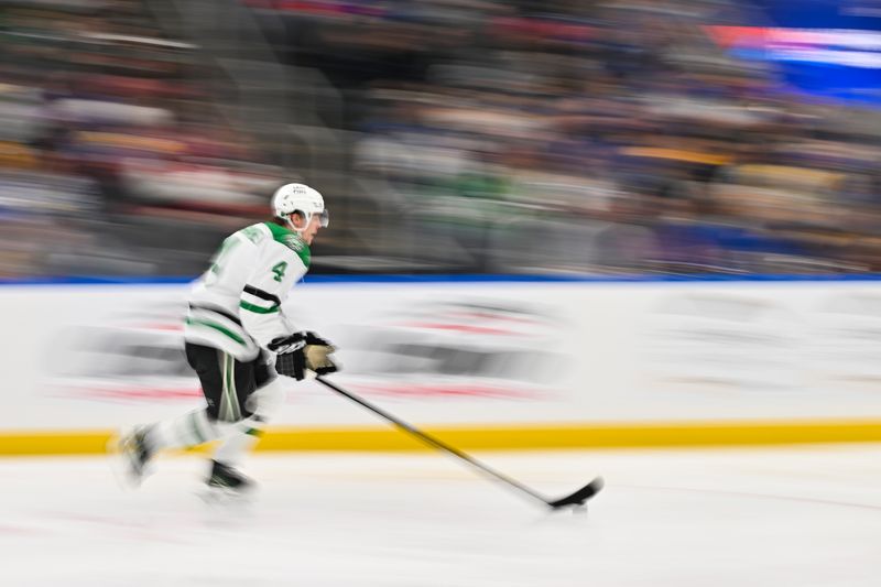 Jan 27, 2026; St. Louis, Missouri, USA; Dallas Stars defenseman Miro Heiskanen (4) skates against the St. Louis Blues during the second period at Enterprise Center. Mandatory Credit: Jeff Curry-Imagn Images