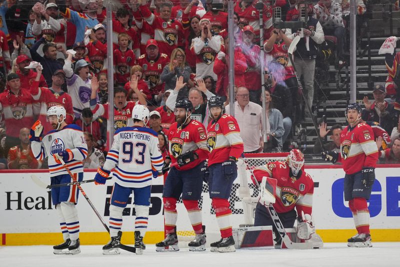 Jun 24, 2024; Sunrise, Florida, USA; iFlorida Panthers goaltender Sergei Bobrovsky (72) makes a glove save against the Edmonton Oilers during the second period in game seven of the 2024 Stanley Cup Final at Amerant Bank Arena. Mandatory Credit: Jim Rassol-USA TODAY Sports