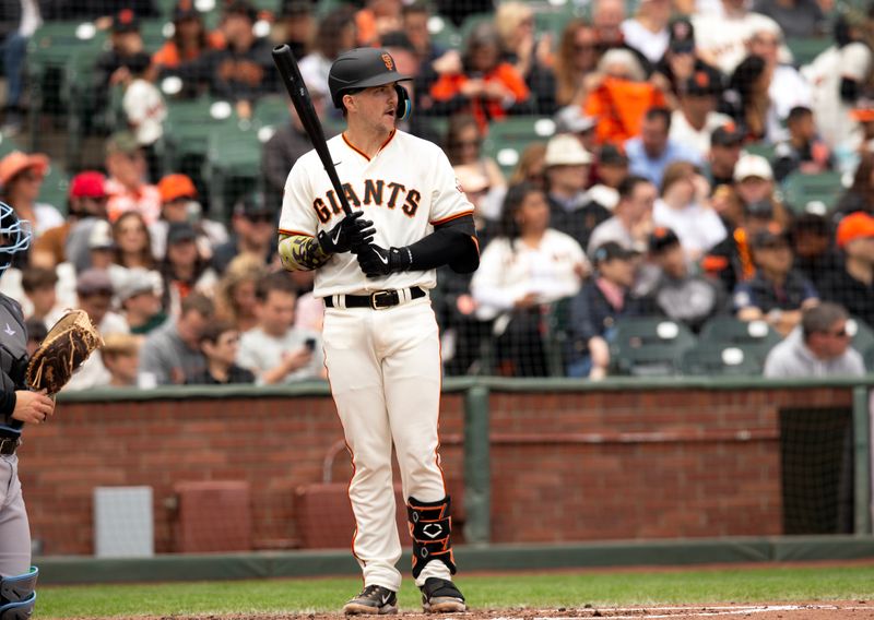 May 20, 2023; San Francisco, California, USA; San Francisco Giants catcher Patrick Bailey (14) steps into the batter s box for his first big league at bat during the second inning against the Miami Marlins at Oracle Park. Mandatory Credit: D. Ross Cameron-USA TODAY Sports