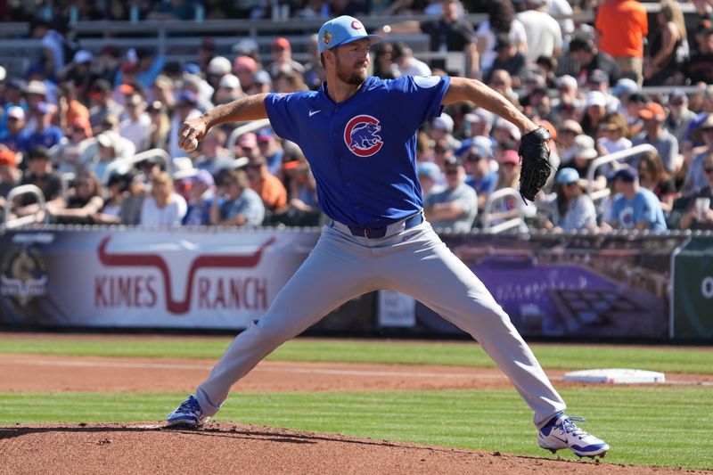 Feb 22, 2026; Scottsdale, Arizona, USA; Chicago Cubs pitcher Colin Rea (53) throws against the San Francisco Giants in the first inning at Scottsdale Stadium. Mandatory Credit: Rick Scuteri-Imagn Images