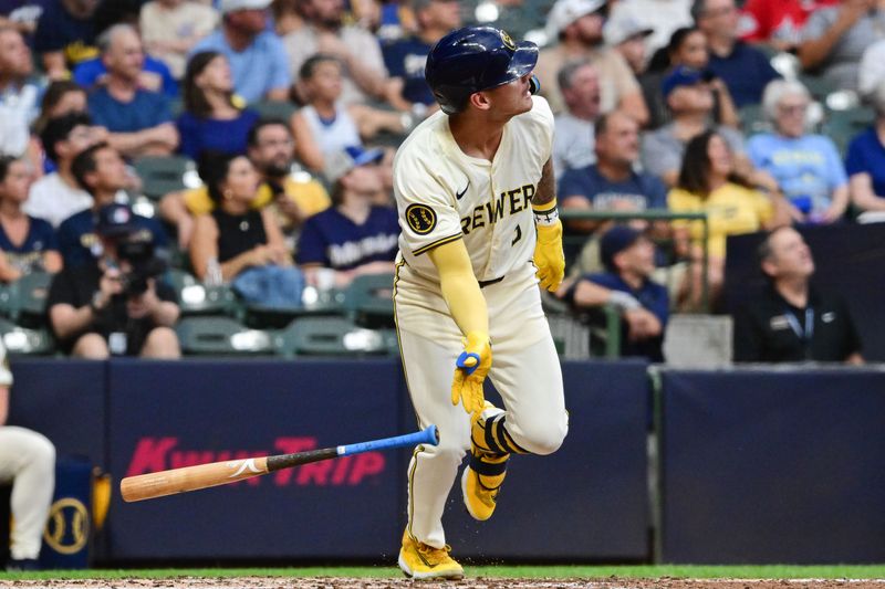 Jun 25, 2024; Milwaukee, Wisconsin, USA; Milwaukee Brewers third baseman Joey Ortiz (3) watches after hitting a solo home run against the Texas Rangers in the fifth inning at American Family Field. Mandatory Credit: Benny Sieu-USA TODAY Sports