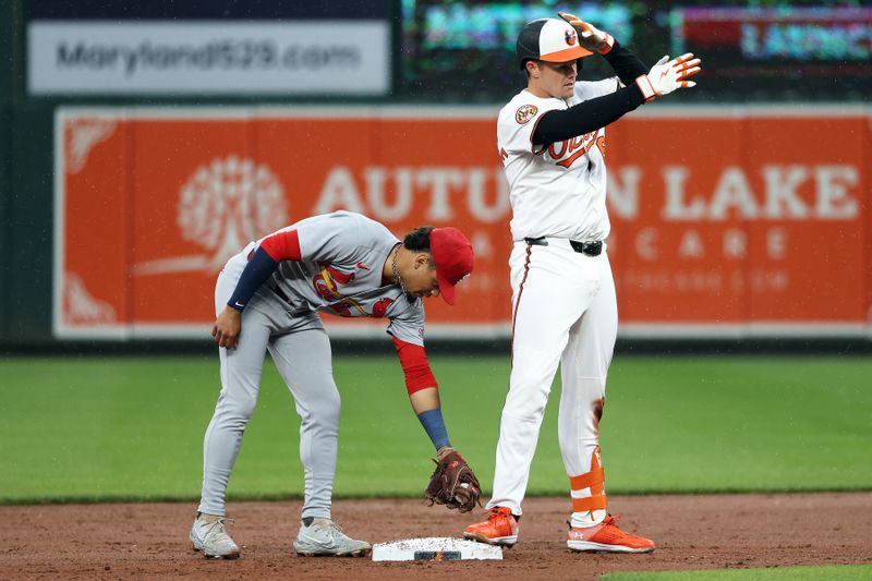 May 27, 2025; Baltimore, Maryland, USA; Baltimore Orioles first baseman Ryan Mountcastle (6) celebrates after hitting a double during the second inning against the St. Louis Cardinals at Oriole Park at Camden Yards. Mandatory Credit: Daniel Kucin Jr.-Imagn Images