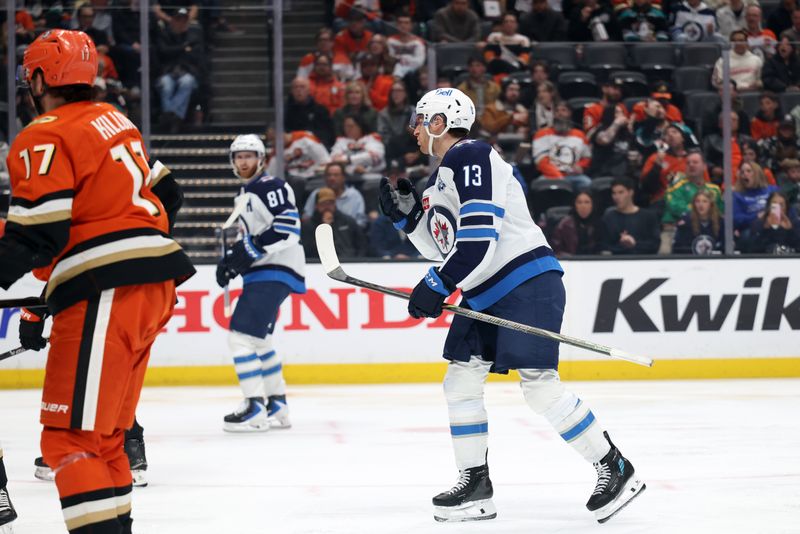 Feb 27, 2026; Anaheim, California, USA;  Winnipeg Jets center Gabriel Vilardi (13) reacts after scoring a goal during the second period against the Anaheim Ducks at Honda Center. Mandatory Credit: Kiyoshi Mio-Imagn Images