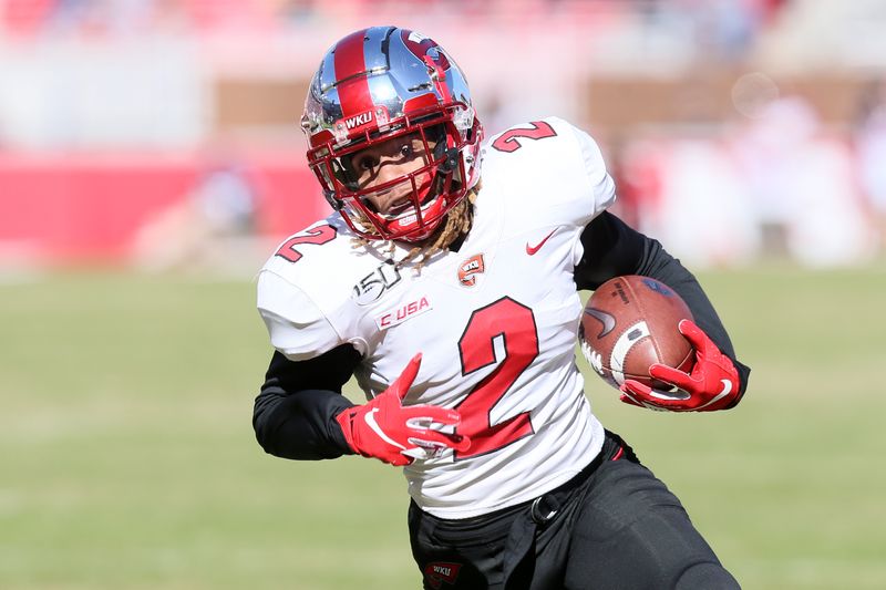 Nov 9, 2019; Fayetteville, AR, USA; Western Kentucky Hilltoppers wide receiver Jacquez Sloan (2) runs for a touchdown in the fist quarter against the Arkansas Razorbacks at Donald W. Reynolds Razorback Stadium. Mandatory Credit: Nelson Chenault-USA TODAY Sports