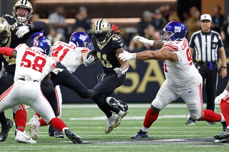 New Orleans Saints running back Alvin Kamara (41) during an NFL football game against the New York Giants, Sunday, Dec. 17, 2023, in New Orleans. (AP Photo/Tyler Kaufman)