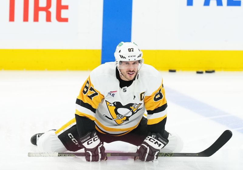 Apr 8, 2024; Toronto, Ontario, CAN; Pittsburgh Penguins center Sidney Crosby (87) stretches against the Toronto Maple Leafs during the warmup at Scotiabank Arena. Mandatory Credit: Nick Turchiaro-USA TODAY Sports