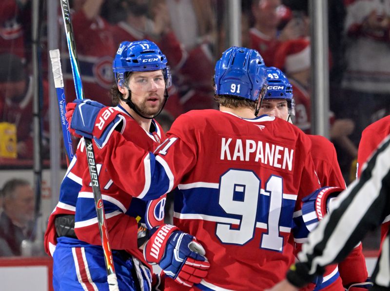 Dec 20, 2025; Montreal, Quebec, CAN; Montreal Canadiens forward Josh Anderson (17) celebrates with teammates after scoring a goal against the Pittsburgh Penguins during the second period at the Bell Centre. Mandatory Credit: Eric Bolte-Imagn Images
