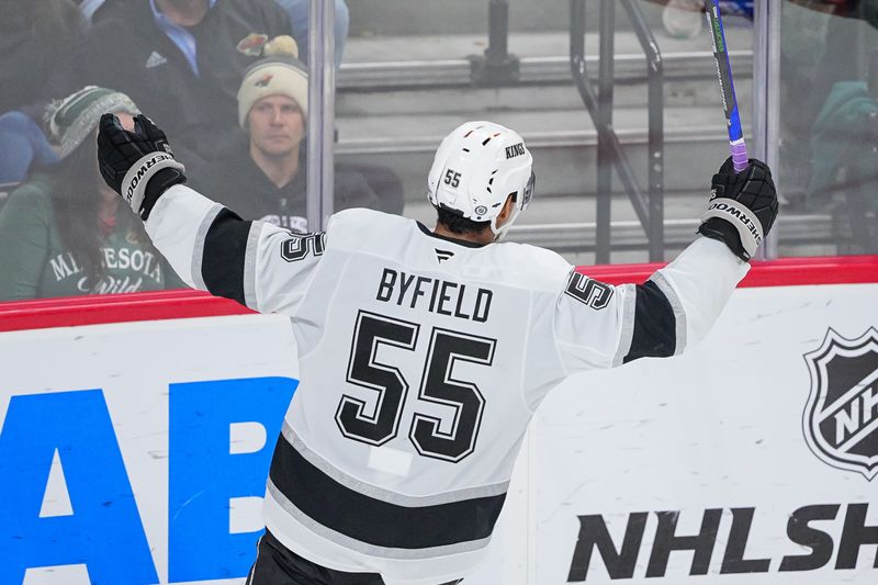 Nov 5, 2024; Saint Paul, Minnesota, USA; Los Angeles Kings right wing Quinton Byfield (55) celebrates his goal against the Minnesota Wild in the third period at Xcel Energy Center. Mandatory Credit: Brad Rempel-Imagn Images