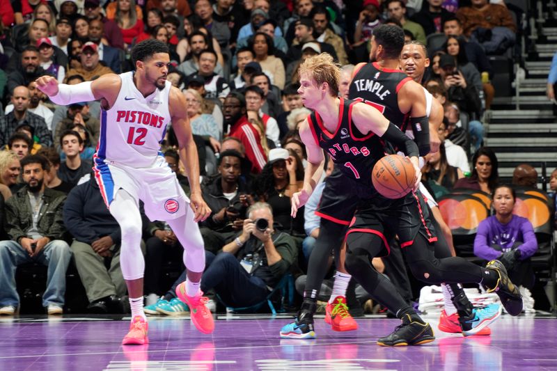 TORONTO, CANADA - NOVEMBER 15: Gradey Dick #1 of the Toronto Raptors dribbles the ball during the game against the Detroit Pistonsduring the Emirates NBA CUP game  on November 15, 2024 at the Scotiabank Arena in Toronto, Ontario, Canada.  NOTE TO USER: User expressly acknowledges and agrees that, by downloading and or using this Photograph, user is consenting to the terms and conditions of the Getty Images License Agreement.  Mandatory Copyright Notice: Copyright 2024 NBAE (Photo by Mark Blinch/NBAE via Getty Images)