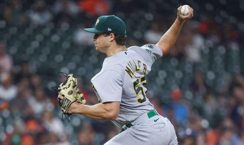 Sep 11, 2023; Houston, Texas, USA; Oakland Athletics starting pitcher Mason Miller (57) delivers a pitch during the first inning against the Houston Astros at Minute Maid Park. Mandatory Credit: Troy Taormina-USA TODAY Sports
