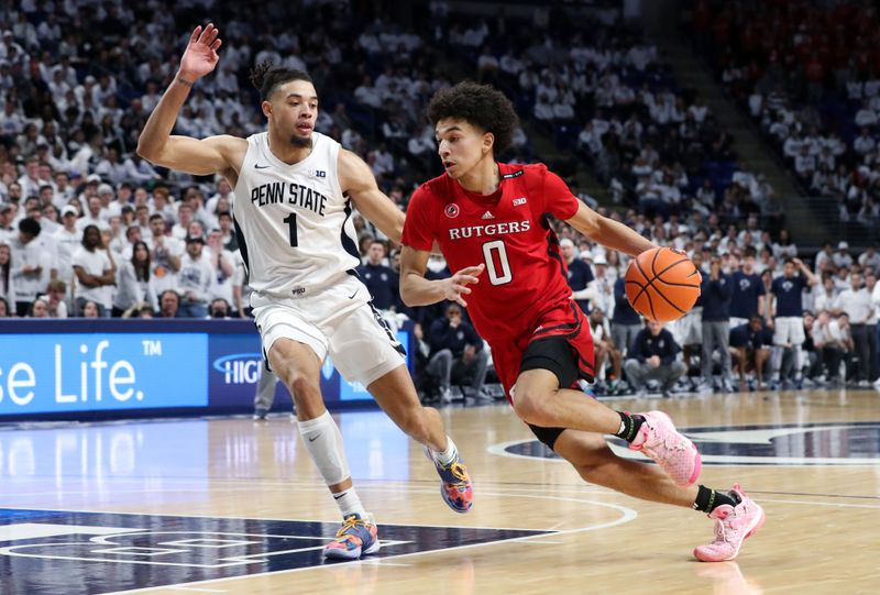 Feb 26, 2023; University Park, Pennsylvania, USA; Rutgers Scarlet Knights guard Derek Simpson (0) dribbles the ball around Penn State Nittany Lions guard/forward Seth Lundy (1) during the second half at Bryce Jordan Center. Rutgers defeated Penn State 59-56. Mandatory Credit: Matthew OHaren-USA TODAY Sports