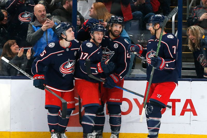 Apr 8, 2025; Columbus, Ohio, USA; Columbus Blue Jackets right wing Justin Danforth (17) celebrates his goal against the Ottawa Senators during the first period at Nationwide Arena. Mandatory Credit: Russell LaBounty-Imagn Images