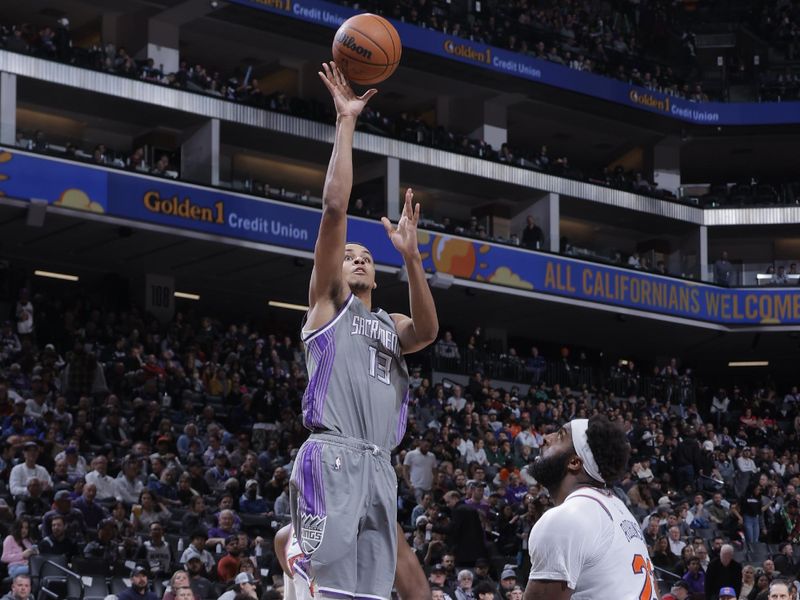 SACRAMENTO, CA - MARCH 9: Keegan Murray #13 of the Sacramento Kings shoots the ball during the game against the New York Knicks on March 9, 2023 at Golden 1 Center in Sacramento, California. NOTE TO USER: User expressly acknowledges and agrees that, by downloading and or using this Photograph, user is consenting to the terms and conditions of the Getty Images License Agreement. Mandatory Copyright Notice: Copyright 2023 NBAE (Photo by Rocky Widner/NBAE via Getty Images)