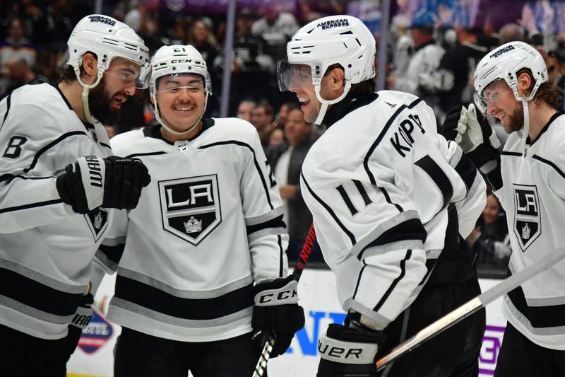 Nov 24, 2023; Anaheim, California, USA; Los Angeles Kings center Anze Kopitar (11) celebrates his goal scored against the Anaheim Ducks during the third period at Honda Center. Mandatory Credit: Gary A. Vasquez-USA TODAY Sports