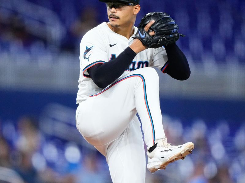 May 22, 2024; Miami, Florida, USA; Miami Marlins pitcher Jesus Luzardo (44) throws a pitch against the Milwaukee Brewers during the first inning at loanDepot Park. Mandatory Credit: Rich Storry-USA TODAY Sports