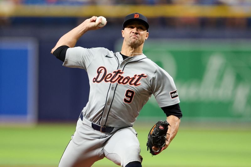 Apr 24, 2024; St. Petersburg, Florida, USA;  Detroit Tigers pitcher Jack Flaherty (9) throws a pitch against the Tampa Bay Rays in the first inning at Tropicana Field. Mandatory Credit: Nathan Ray Seebeck-USA TODAY Sports