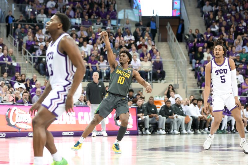 Feb 11, 2023; Fort Worth, Texas, USA;  Baylor Bears guard Adam Flagler (10) reacts after scoring during the second half against the TCU Horned Frogs at Ed and Rae Schollmaier Arena. Mandatory Credit: Kevin Jairaj-USA TODAY Sports