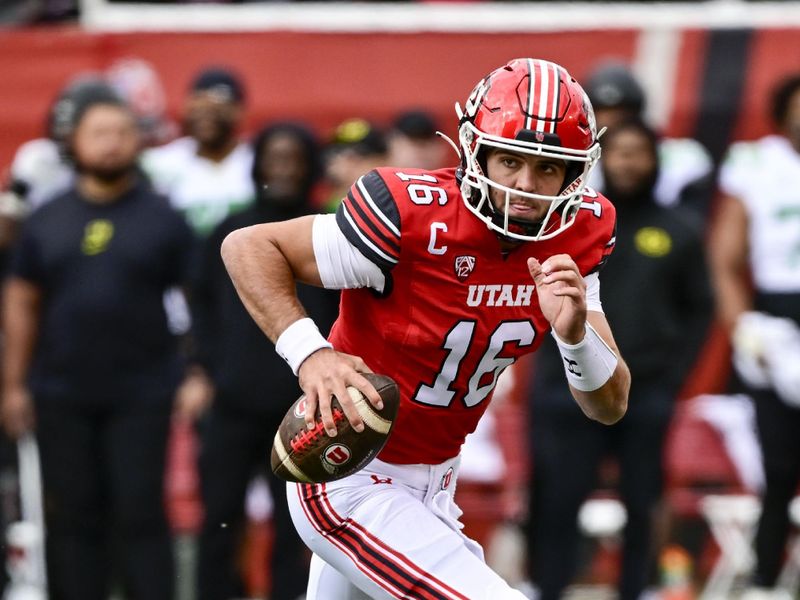 Oct 28, 2023; Salt Lake City, Utah, USA; Utah Utes quarterback Bryson Barnes (16) runs the ball against the Oregon Ducks during the first half at Rice-Eccles Stadium. Mandatory Credit: Christopher Creveling-USA TODAY Sports