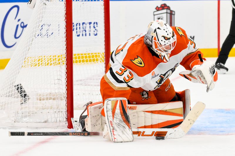 Dec 1, 2025; St. Louis, Missouri, USA; Anaheim Ducks goaltender Ville Husso (33) defends the net against the St. Louis Blues during the second period at Enterprise Center. Mandatory Credit: Jeff Curry-Imagn Images